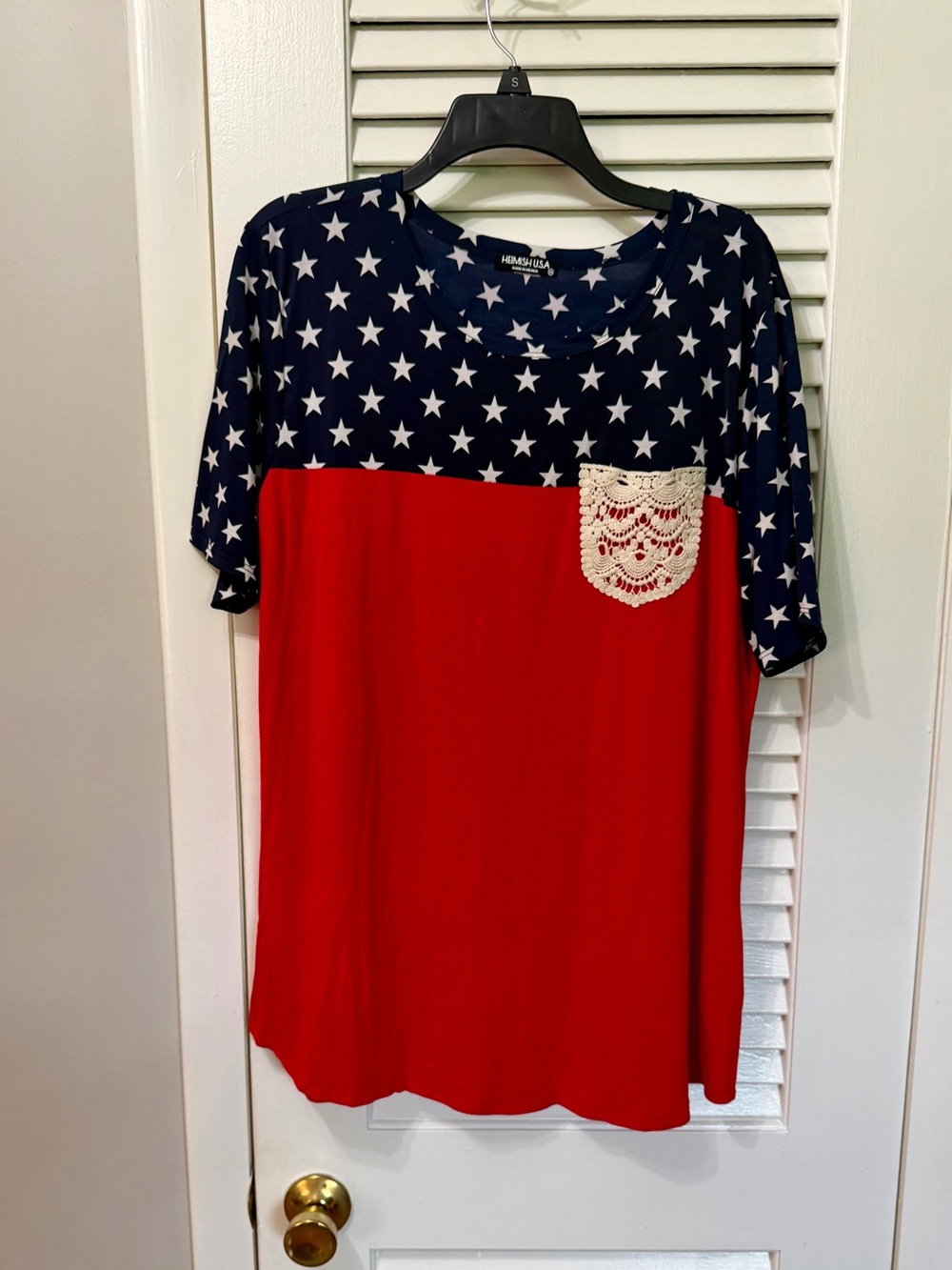 HEIMISH USA Red Tee with Navy Star Yoke and Cream Crochet Pocket